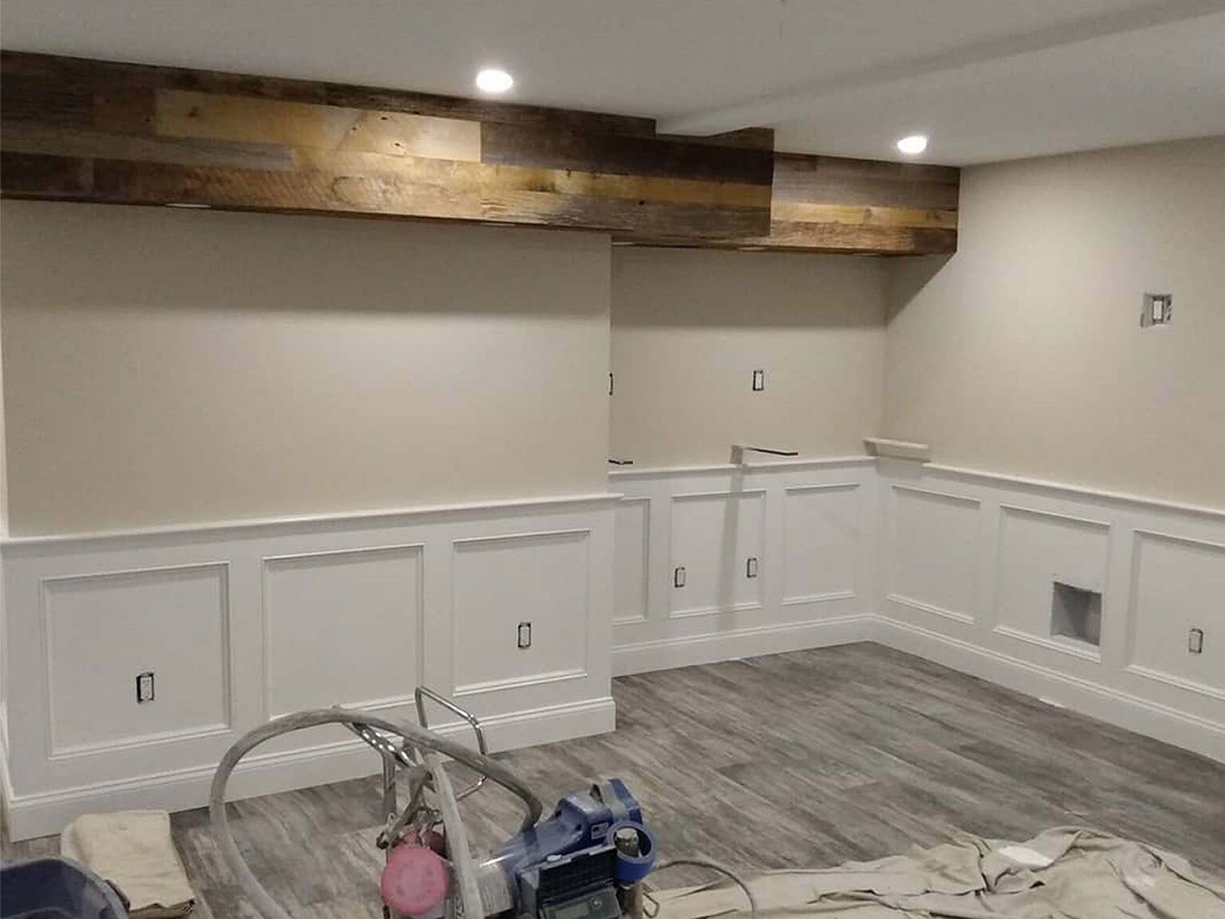 Finished basement with custom storage